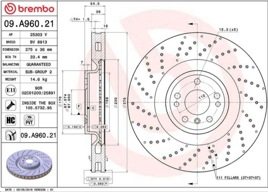 Диск тормозной передний (перфорированый) 375х36 MB W166 11- BREMBO