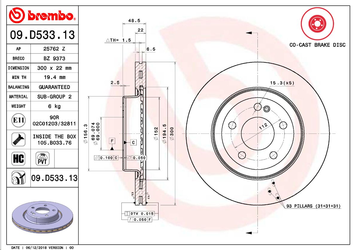 Тормозной диск задний MB A-W-C-S205/213 BREMBO EUROPE