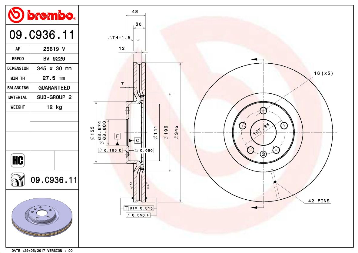 Тормозной диск передний VOLVO S90 II (234) 03/16-> / VOLVO V60 II (225) 02/18->  BREMBO EUROPE