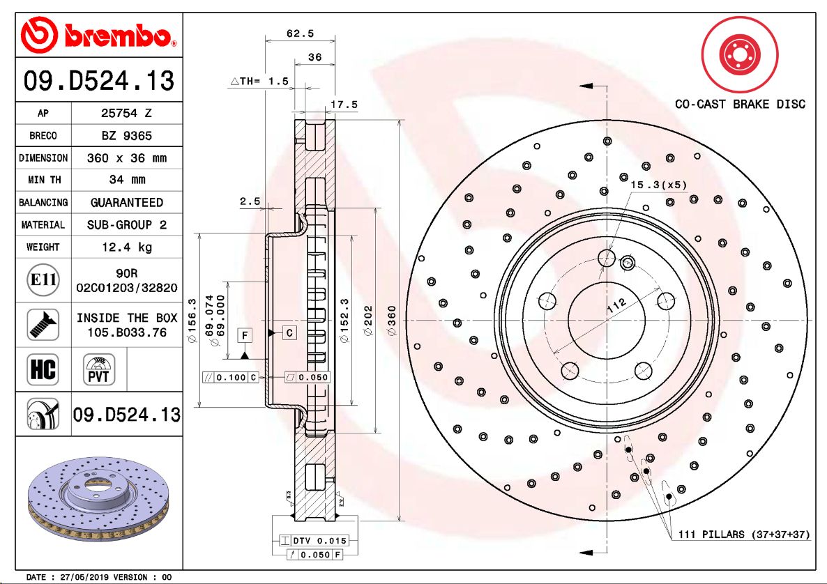 Тормозной диск передний перфорированный Mercedes W205/213/X253 15-  BREMBO EUROPE